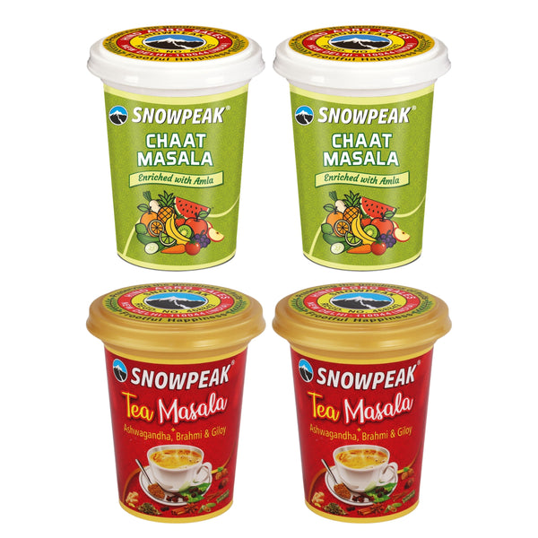 Snowpeak Combo Pack – Chaat Masala 100g x 2 + Tea Masala 50g x 2 | Zesty Chaat Flavor & Refreshing Masala Chai Blend