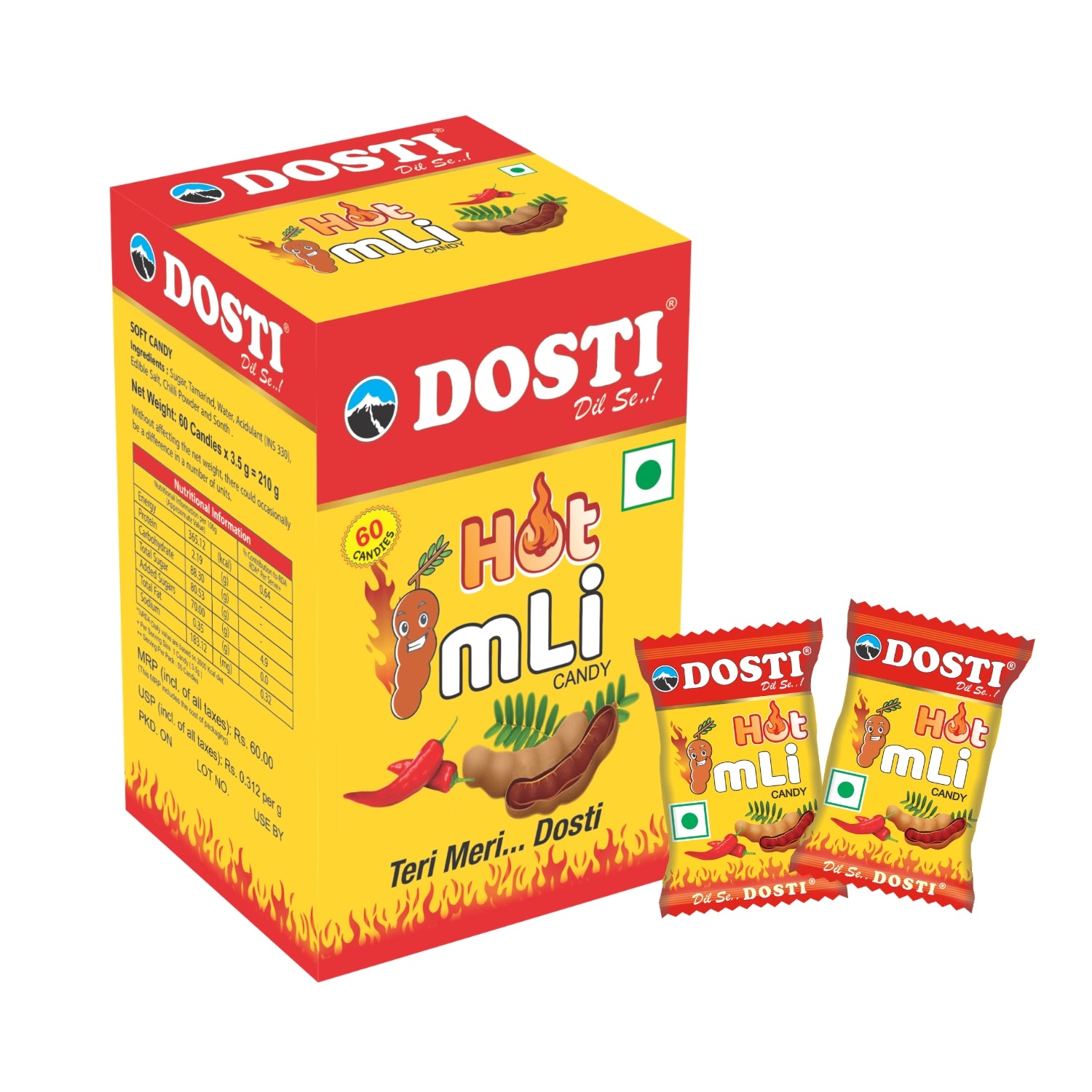 Dosti Hot Imli Candy – Naturally Flavored Khatti Meethi Tamarind Candy | Pack of 4 × 60 Pieces (Total 240 Candies)
