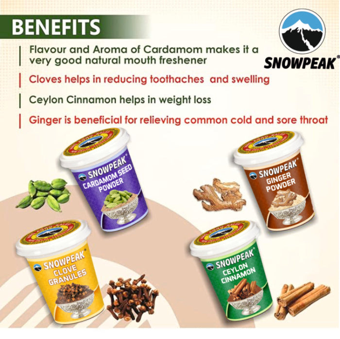 Snowpeak Spices Combo of Cardamom Powder (25g), Clove Granules (25g), Ginger Powder (20g) & Ceylon Cinnamon (20g)