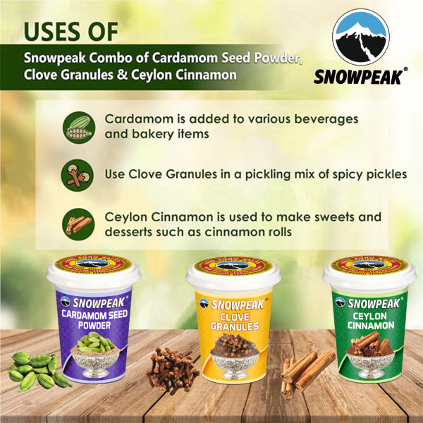 Snowpeak Combo of Cardamom Powder (50g), Clove Granules (50g) & Ceylon Cinnamon (40g)