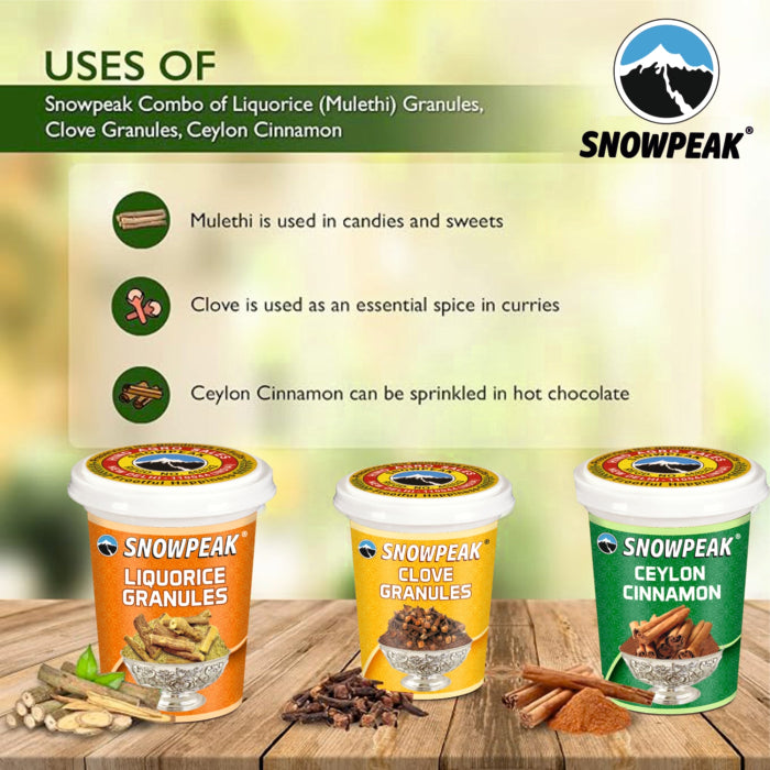 Snowpeak Combo of Clove Granules (25g), Ceylon Cinnamon (20g) & Liquorice (Mulethi) Granules (25g)