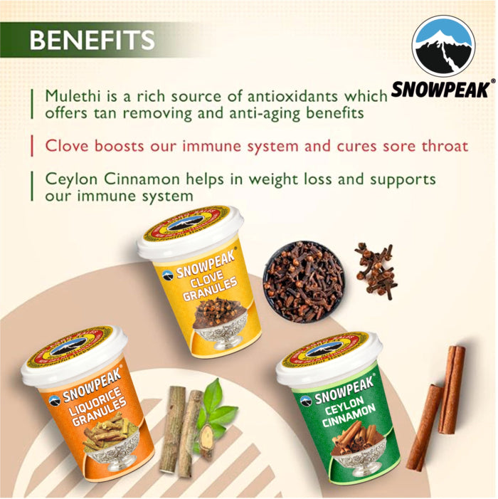 Snowpeak Combo of Clove Granules (25g), Ceylon Cinnamon (20g) & Liquorice (Mulethi) Granules (25g)