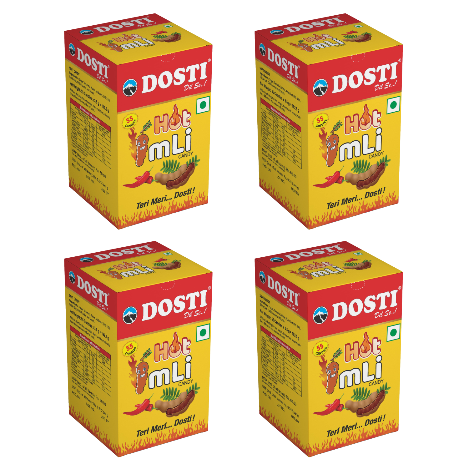 Dosti Hot Imli Candy | Tamarind Candy (pack of 55pcs X 4) 220 Pieces