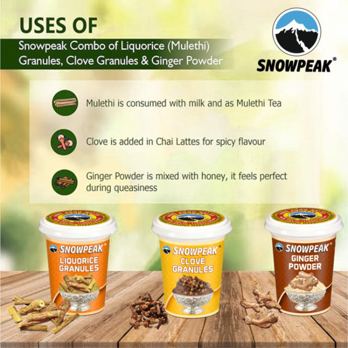 Snowpeak Winter Combo of Liquorice (Mulethi) Granules (50g), Clove Granules (50g) & Ginger Powder (50g)