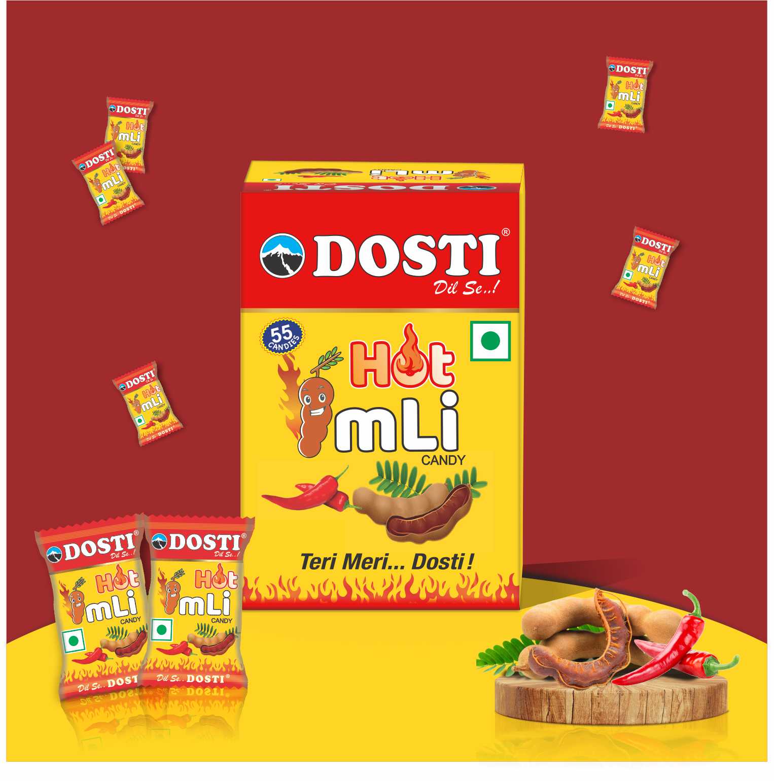 Dosti Hot Imli Candy | Tamarind Candy (pack of 55pcs X 4) 220 Pieces