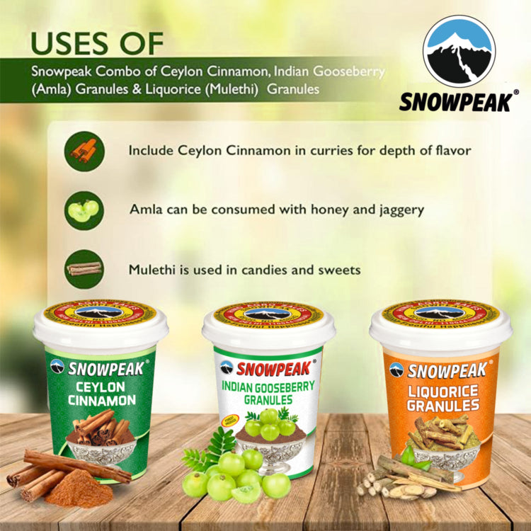 Snowpeak Combo of Liquorice (Mulethi) Granules (50g), Amla Granules (50g) & Ceylon Cinnamon (40g)