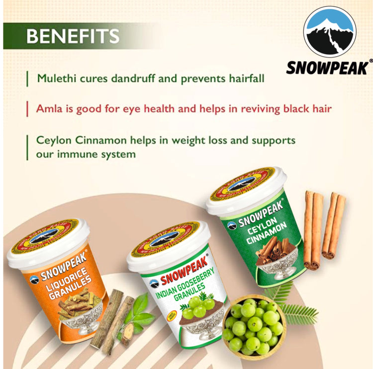 Snowpeak Combo of Liquorice (Mulethi) Granules (50g), Amla Granules (50g) & Ceylon Cinnamon (40g)