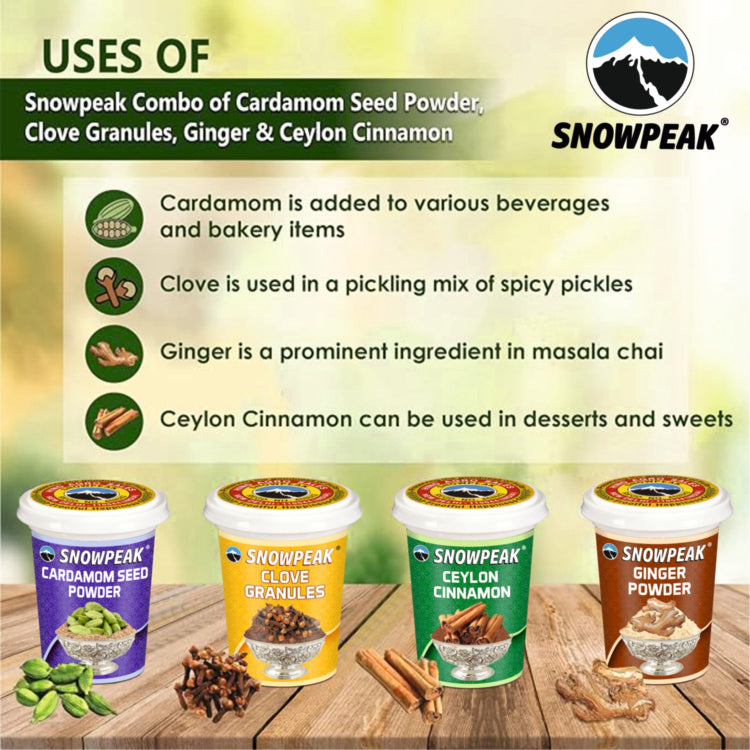 Snowpeak Spices Combo of Cardamom Powder (50g), Clove Granules (50g), Ginger Powder (40 g) & Ceylon Cinnamon (40g)