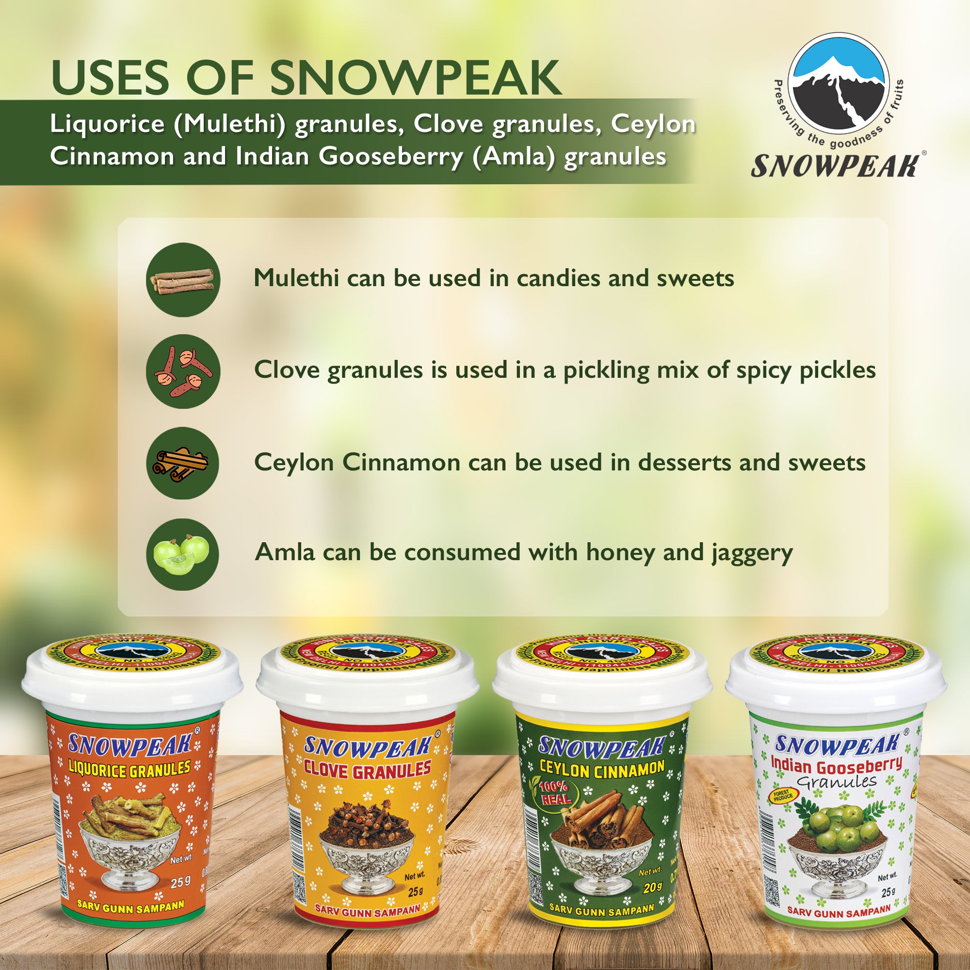 Snowpeak Combo of Liquorice (Mulethi) Granules (25g), Clove Granules (25g), Amla Granules (25g) & Ceylon Cinnamon (20g)