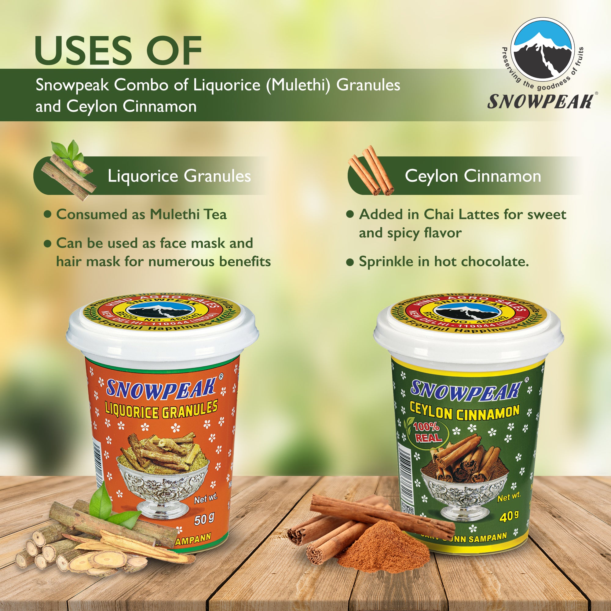 Snowpeak Combo of Liquorice (Mulethi) Granules (50g) and Ceylon Cinnamon (40g)