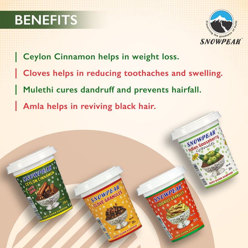 Snowpeak Combo of Liquorice (Mulethi) Granules (25g), Clove Granules (25g), Amla Granules (25g) & Ceylon Cinnamon (20g)