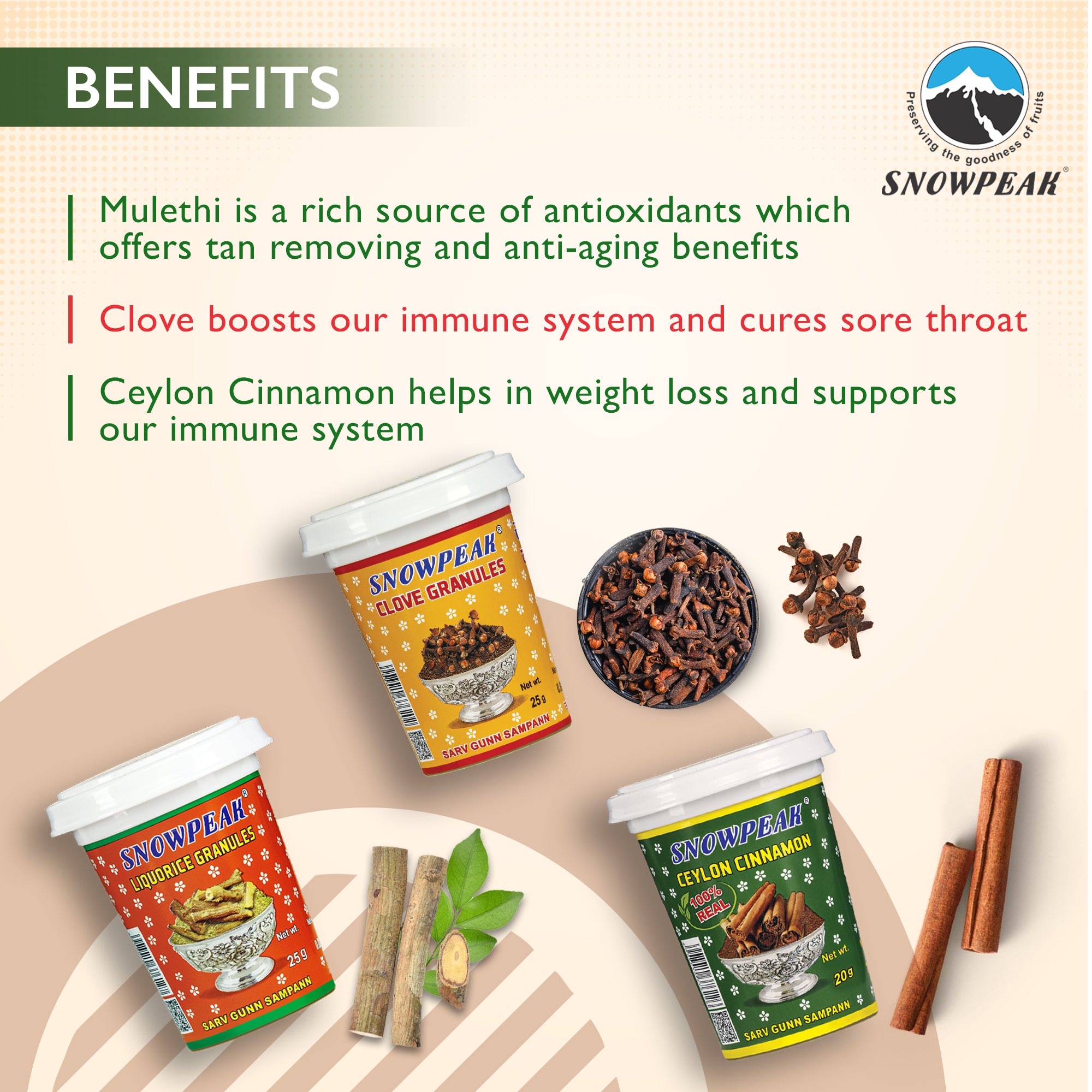 Snowpeak Combo of Clove Granules (25g), Ceylon Cinnamon (20g) & Liquorice (Mulethi) Granules (25g)