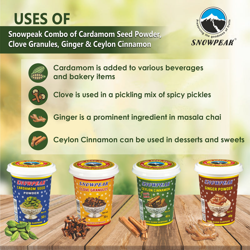 Snowpeak Spices Combo of Cardamom Powder (50g), Clove Granules (50g), Ginger Powder (40 g) & Ceylon Cinnamon (40g)