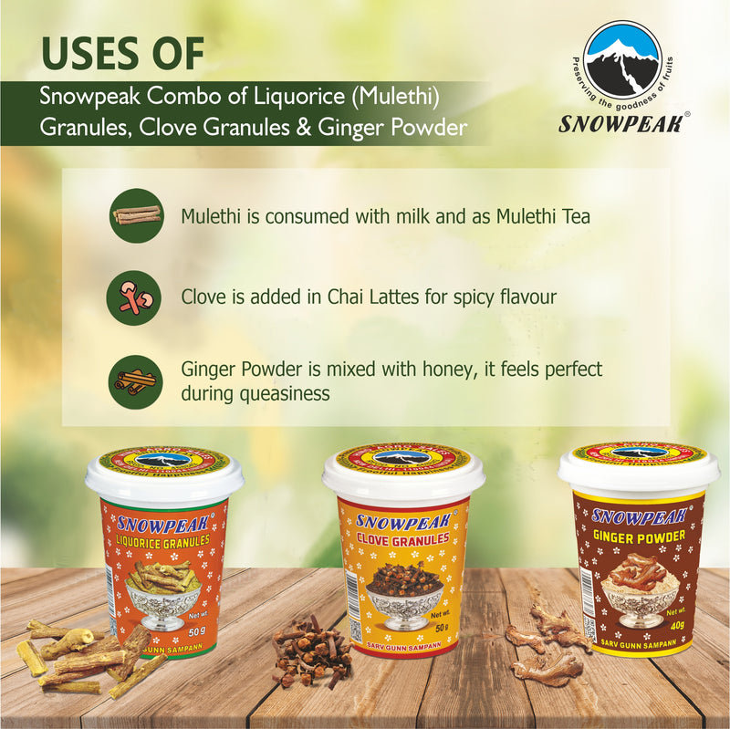 Snowpeak Winter Combo of Liquorice (Mulethi) Granules (50g), Clove Granules (50g) & Ginger Powder (50g)